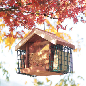 Large Aromatic Red Cedar Ranch Hopper Bird Feeder,Squirrel Proof Suet Feeder Cages,Lifetime Weather Durability for Outside,Wildbirds Essentials, Rust Proof Wire Cable, Eastern Red Cedar Wood