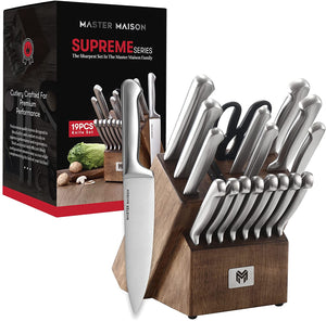Master Maison 19-Piece Premium Kitchen Knife Block Set, Wooden Block German Stainless Steel Cutlery With Knife Sharpener & 8 Steak Knives (Silver)