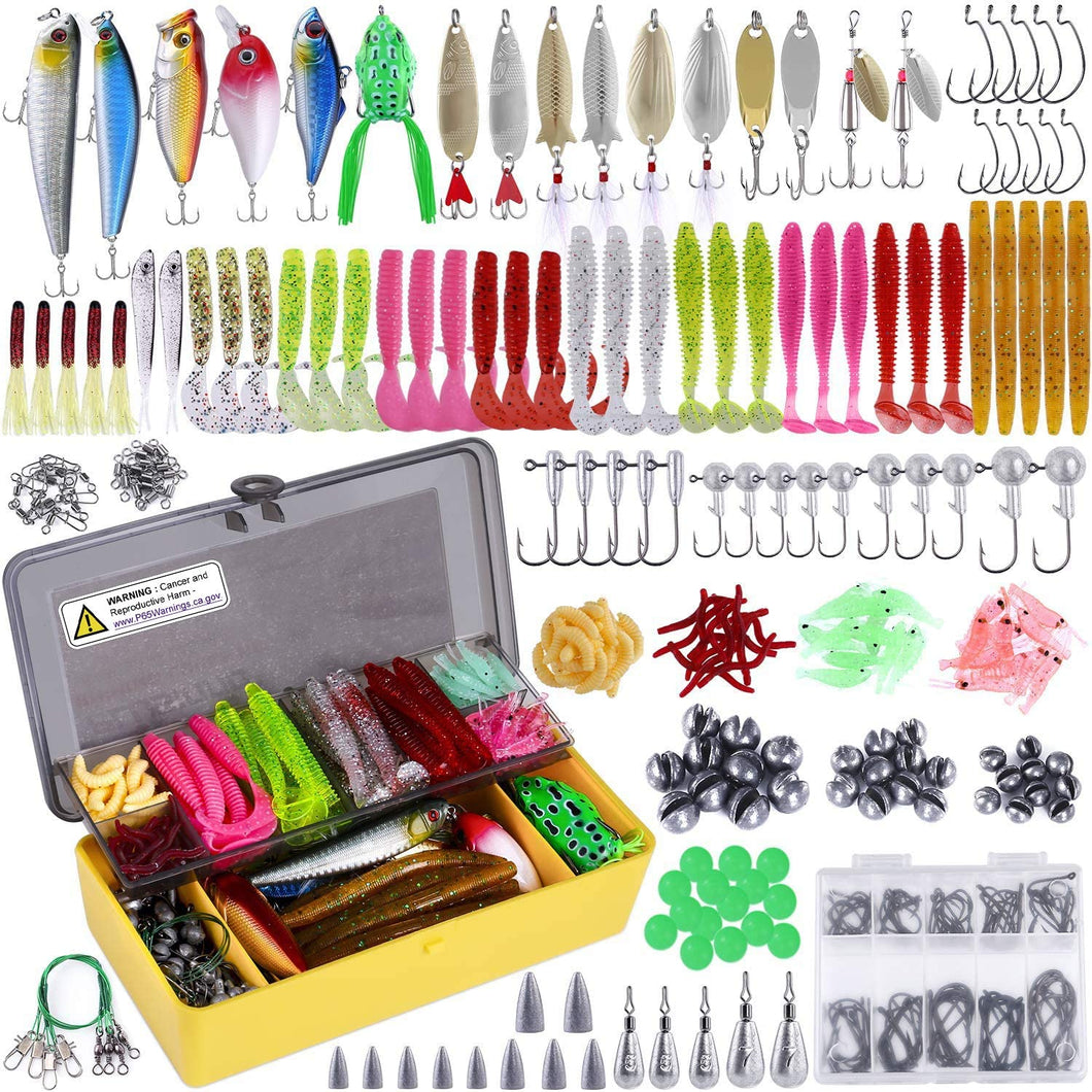 PLUSINNO Fishing Lures Baits Tackle Including Crankbaits, Spinnerbaits, Plastic Worms, Jigs, Topwater Lures, Tackle Box and More Fishing Gear Lures Kit Set